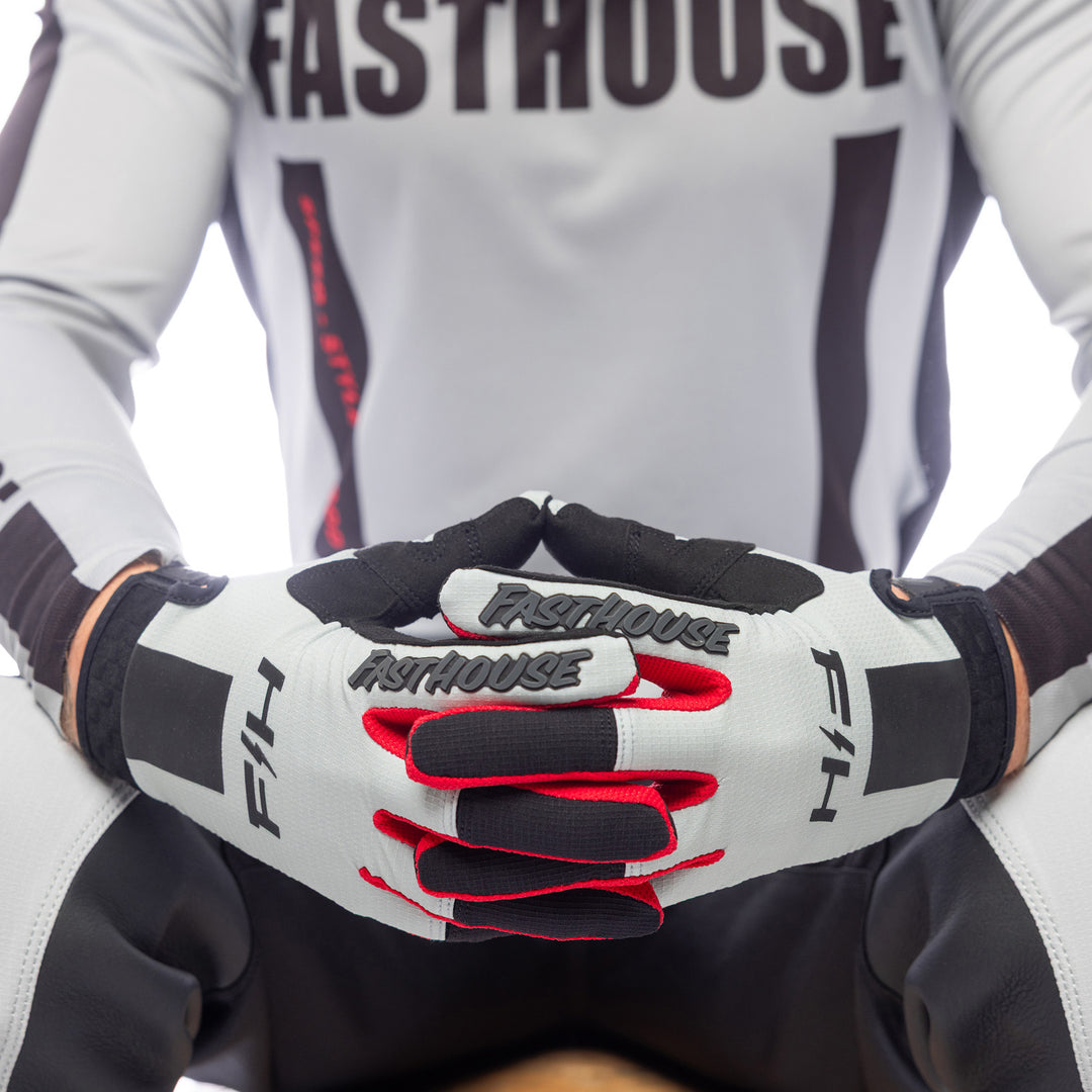 Fasthouse Elrod Storm Gloves Fog/Black - Close-Up of Model's Gloved Hands Together, Fingers Entwined