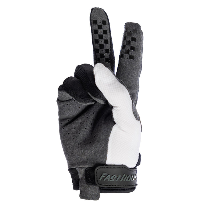 Fasthouse Elrod Storm Gloves White/Black - Palm View of Glove Set Up as Peace Sign