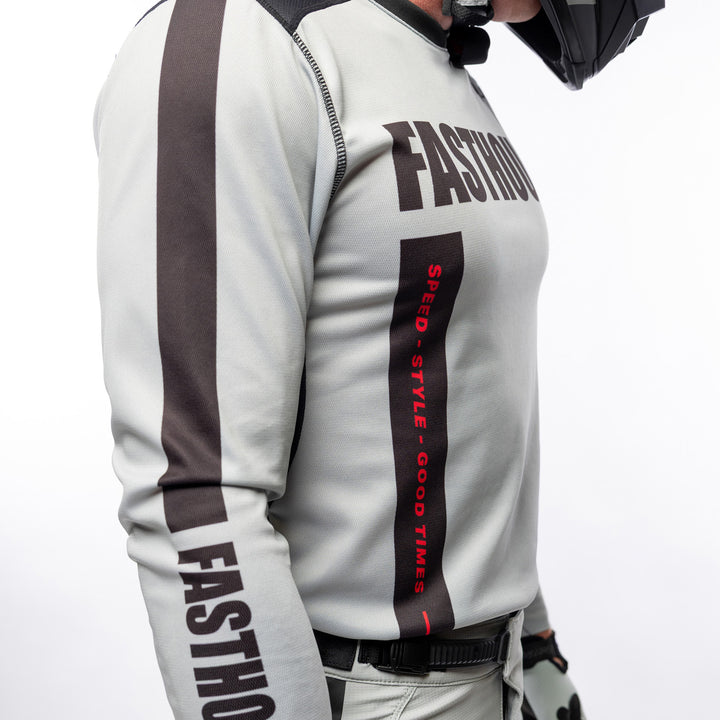 Fasthouse Elrod Storm Jersey Fog/Black - Front Side View of Model Wearing Jersey