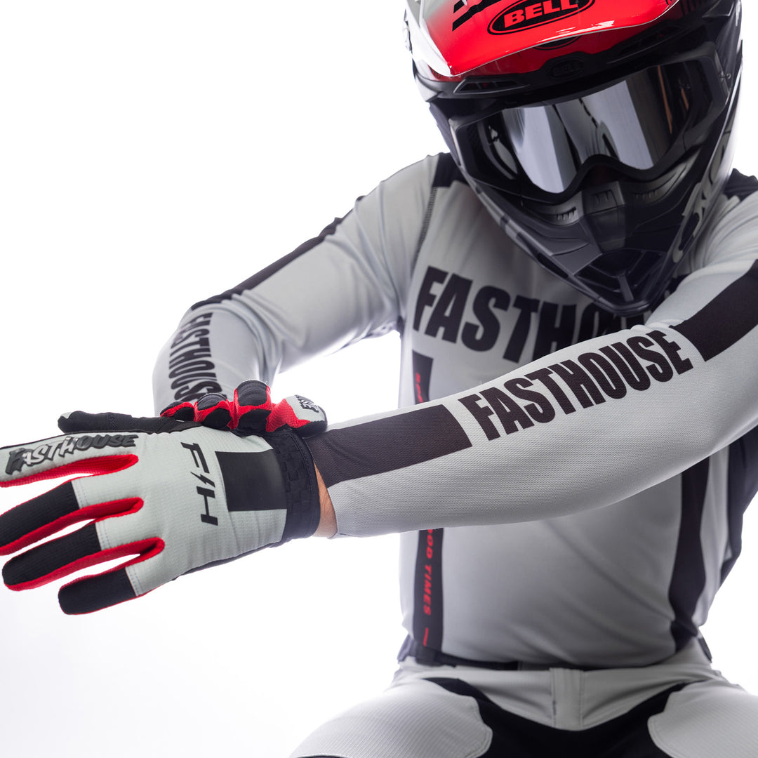 Fasthouse Elrod Storm Jersey Fog/Black - Close-Up of Model Showing Sleeve Logo Graphics