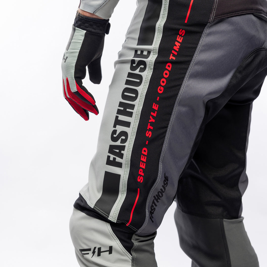 Fasthouse Elrod Storm Pants Fog/Black - Close-Up of Left Thigh Graphics