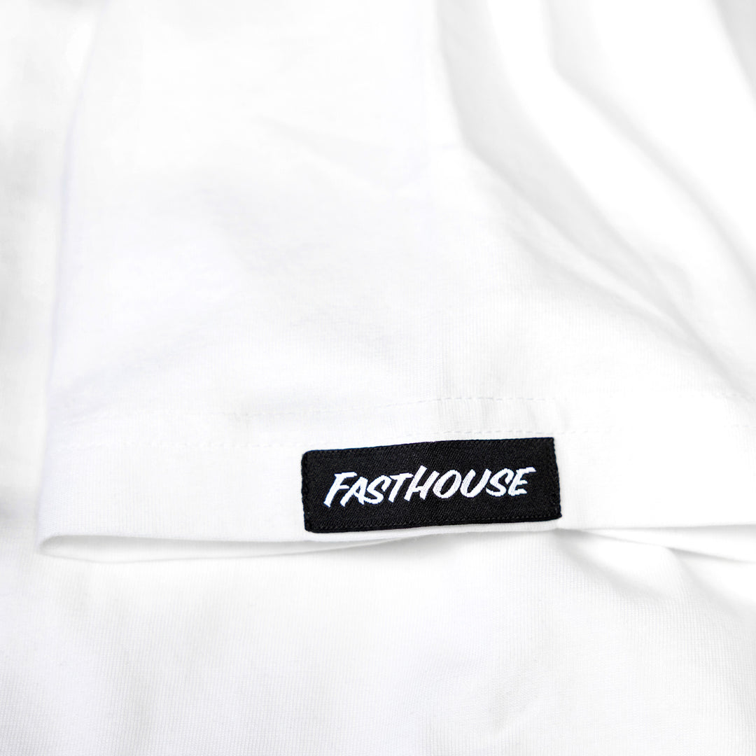 Fasthouse Elevate SS Tee White - Close-Up of Logo Tag Sewn into Sleeve