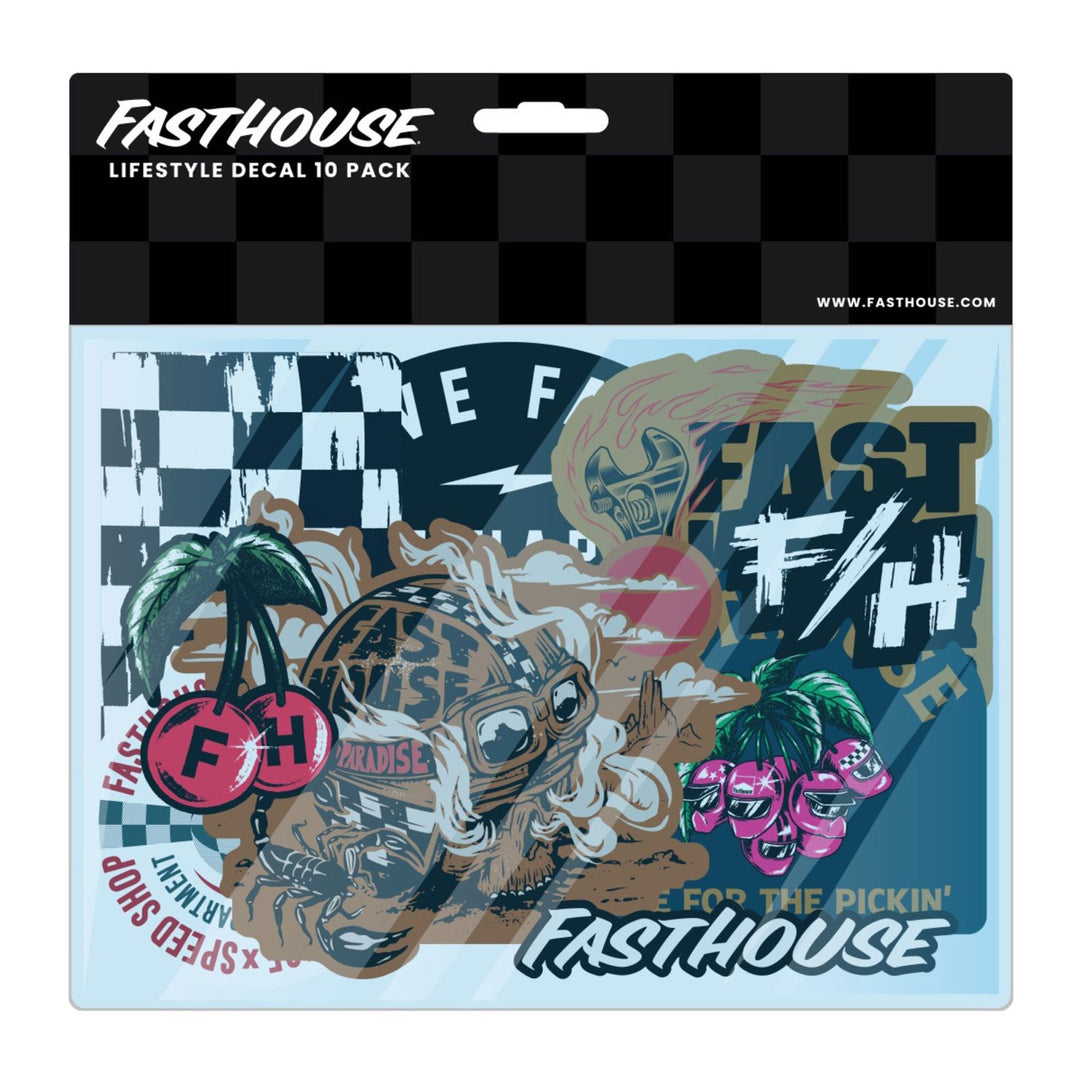Fasthouse Fall '25 Decal 10 Pack - Flat View of Package with Stickers Within