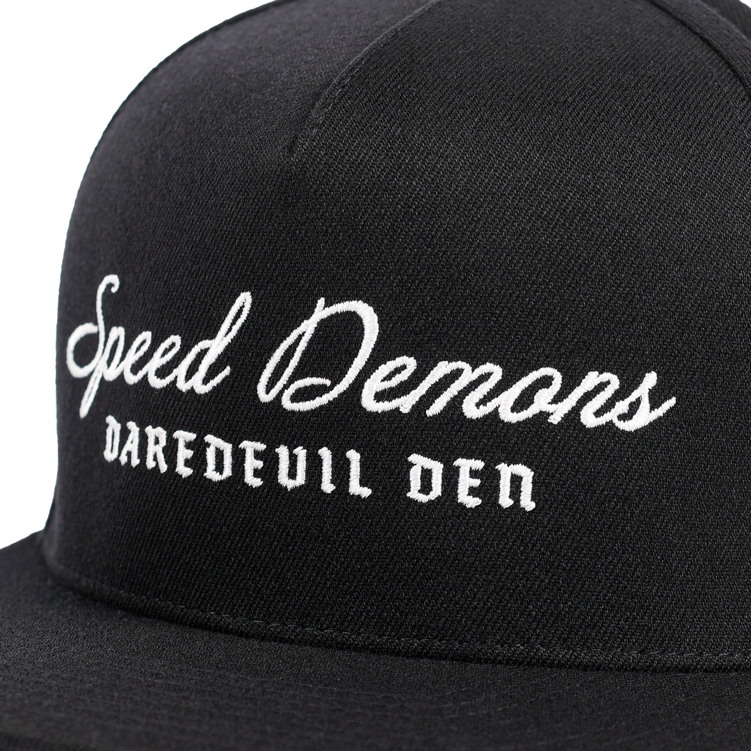 Fasthouse Fallen Hat Black - Close-Up of Front Stitched "Speed Demons" over "Daredevil Den"