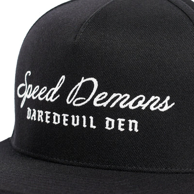 Fasthouse Fallen Hat Black - Close-Up of Front Stitched "Speed Demons" over "Daredevil Den"