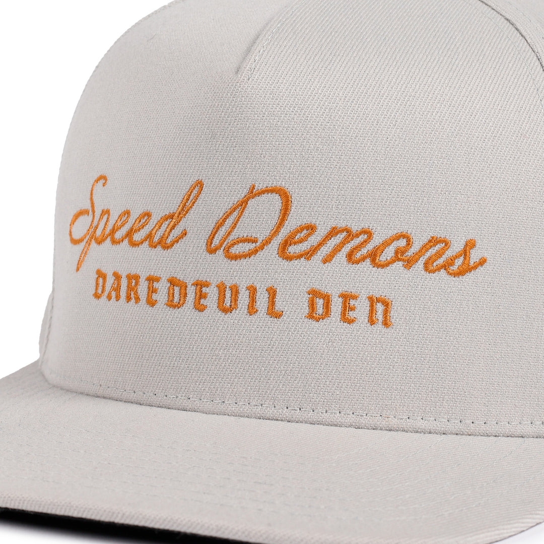 Fasthouse Fallen Hat Light Gray - Close-Up of Front Stitched "Speed Demons" over "Daredevil Den"