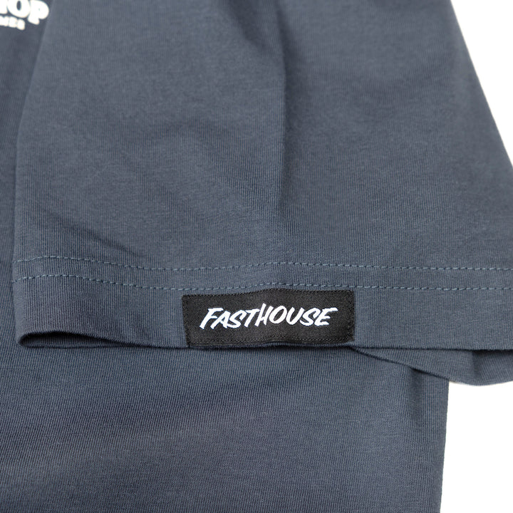Fasthouse Getaway SS Tee Indigo - Close-Up of Logo Tag Sewn on Sleeve