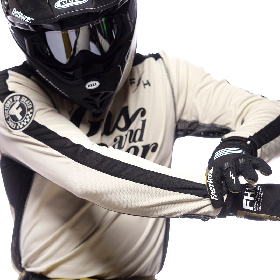 Fasthouse Grindhouse Draft Jersey Cream - Close-Up of Sleeve Details and Graphic