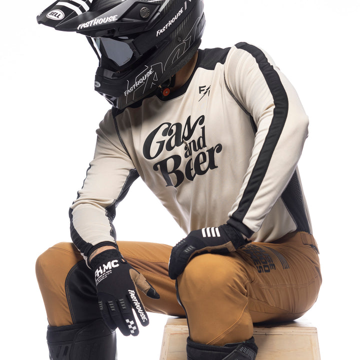 Fasthouse Grindhouse Draft Jersey Cream - Front Side View of Model Wearing Jersey