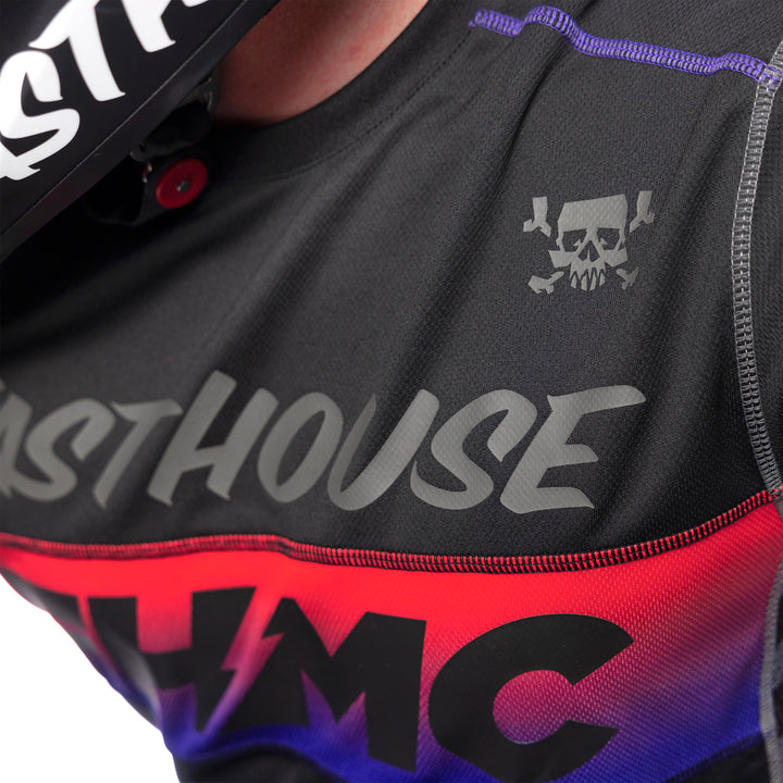 Fasthouse Grindhouse Nova Jersey Black/Black - Close-Up of Chest Graphics