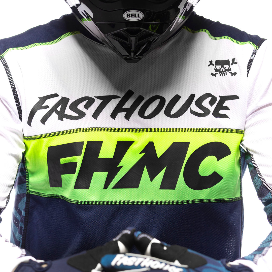 Fasthouse Grindhouse Nova Jersey White/Navy - Close-Up of Chest Graphic