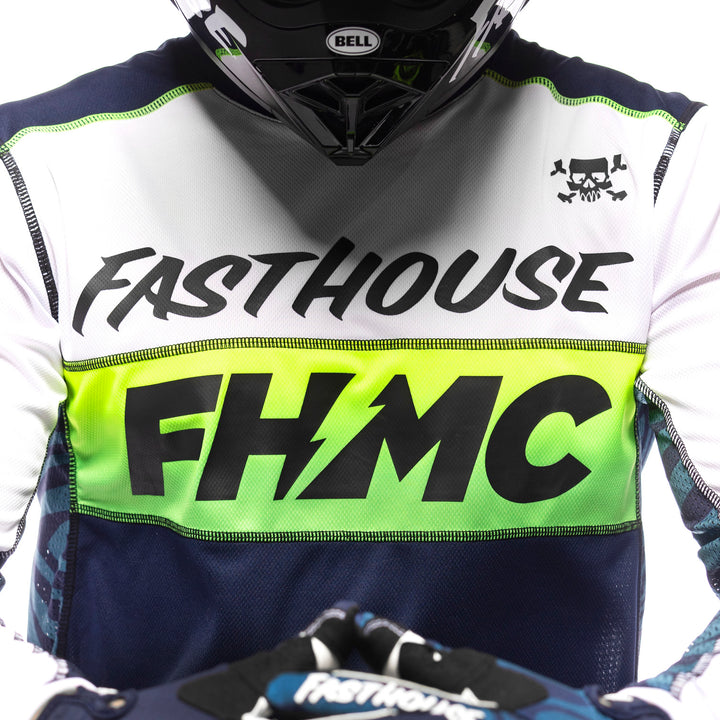 Fasthouse Grindhouse Nova Jersey White/Navy - Close-Up of Chest Graphic