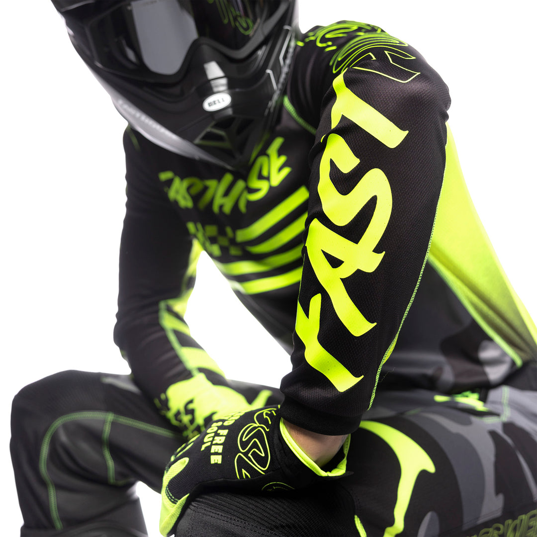 Fasthouse Grindhouse Riot Jersey Black/Hi-Viz - Close-up of Left Sleeve Graphic