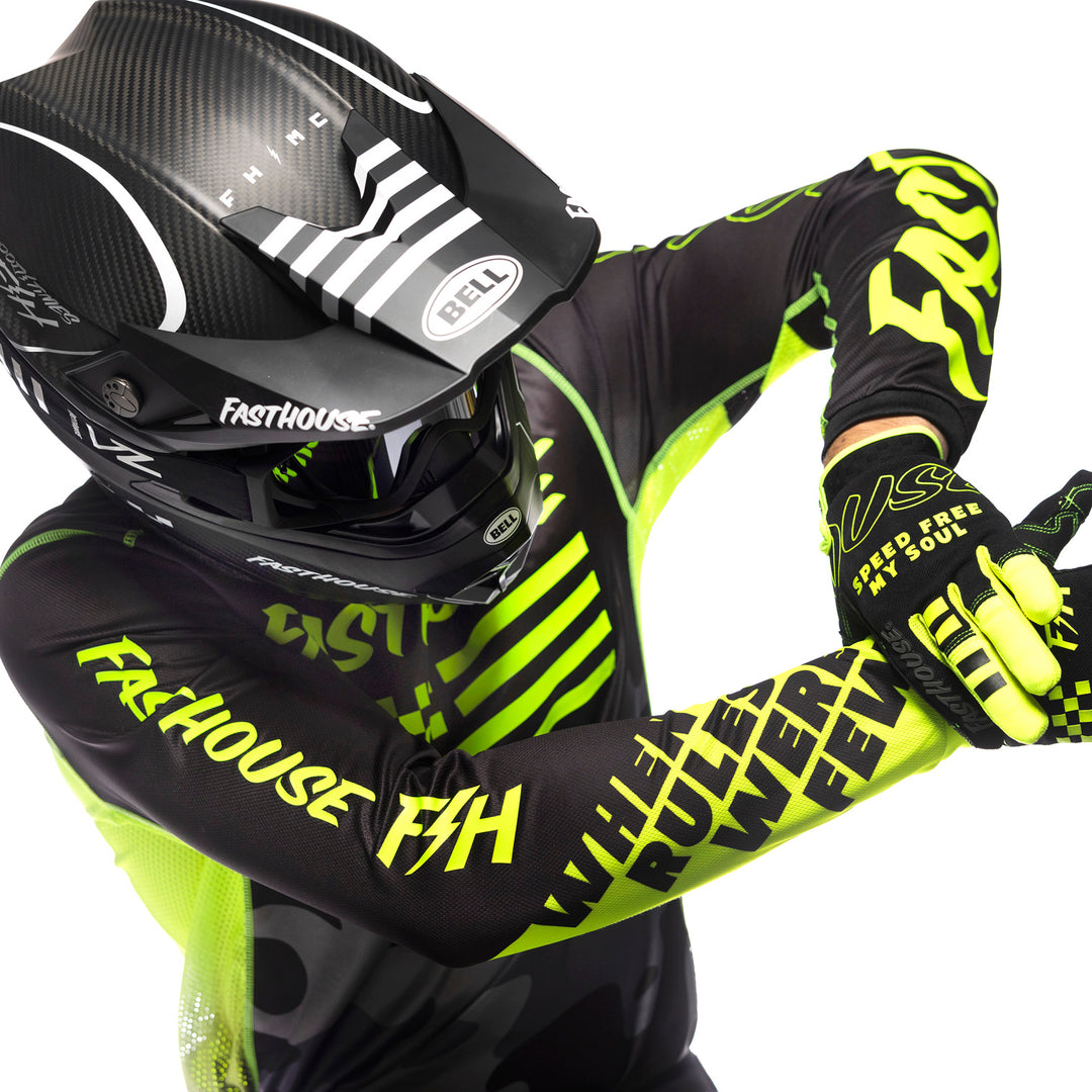 Fasthouse Grindhouse Riot Jersey Black/Hi-Viz - Close-up of Right Sleeve Graphics