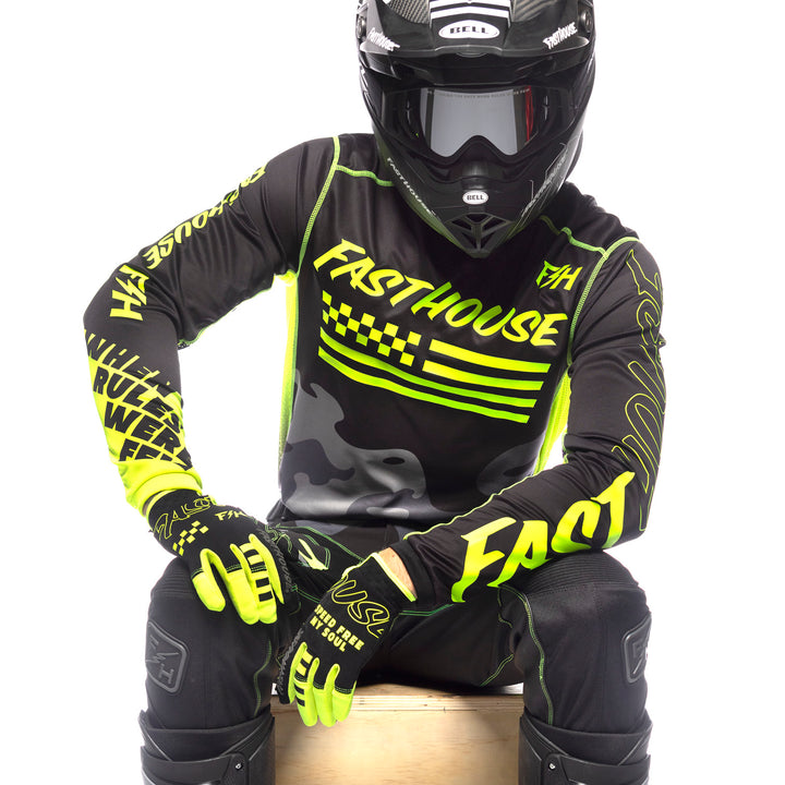 Fasthouse Grindhouse Riot Jersey Black/Hi-Viz - Front View of Model Wearing Jersey