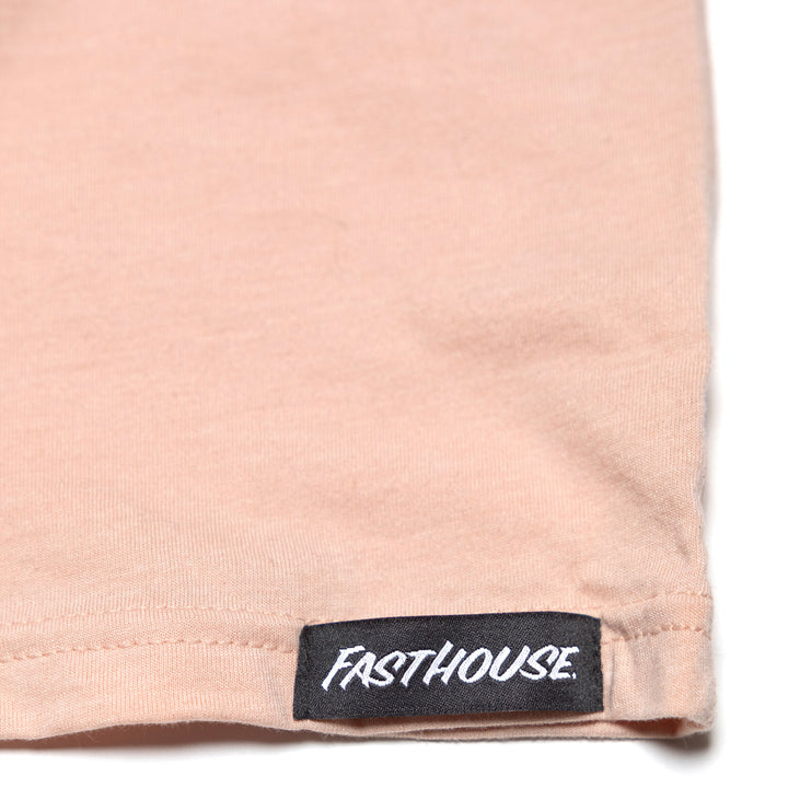 Fasthouse Girl's Flourish SS Tee Heather Peach - Close-Up of Brand Tag on Hem