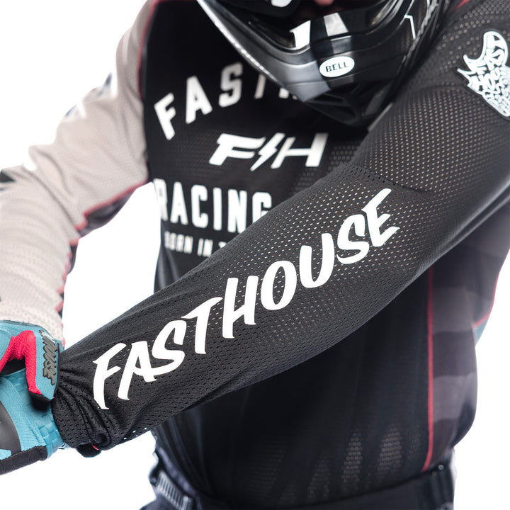 Fasthouse Grindhouse Air-Cooled Club Jersey Black/Teal - Close-Up of Left Sleeve Graphic