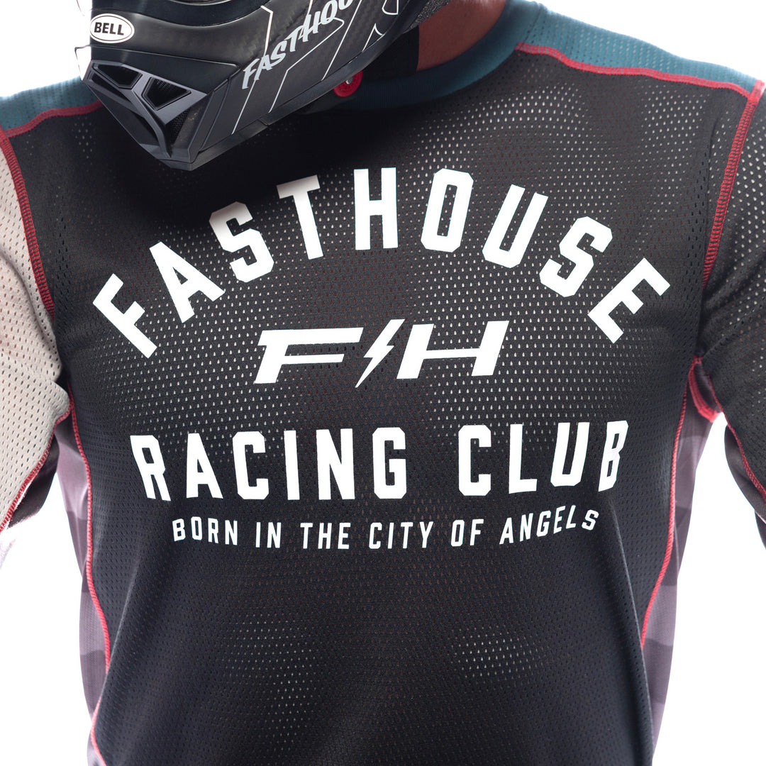 Fasthouse Grindhouse Air-Cooled Club Jersey Black/Teal - Close-Up of Front Graphics