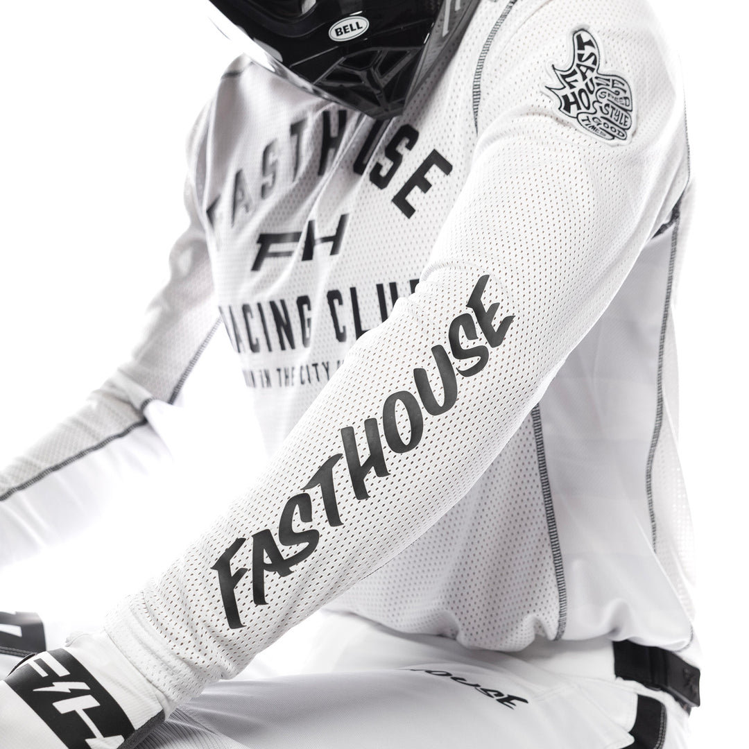 Fasthouse Grindhouse Air-Cooled Club Jersey White/Cloud - Close-Up of Left Sleeve Graphics