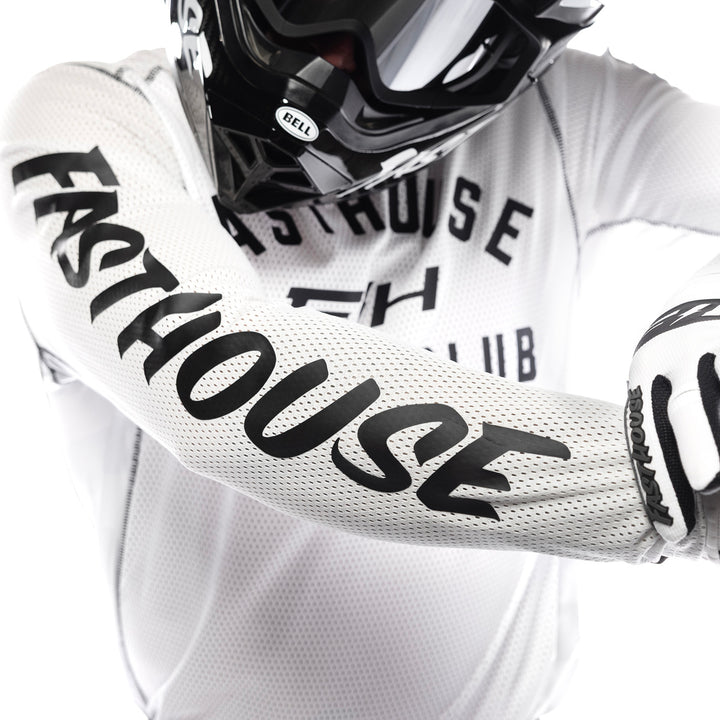 Fasthouse Grindhouse Air-Cooled Club Jersey White/Cloud - Close-Up of Right Sleeve Graphics