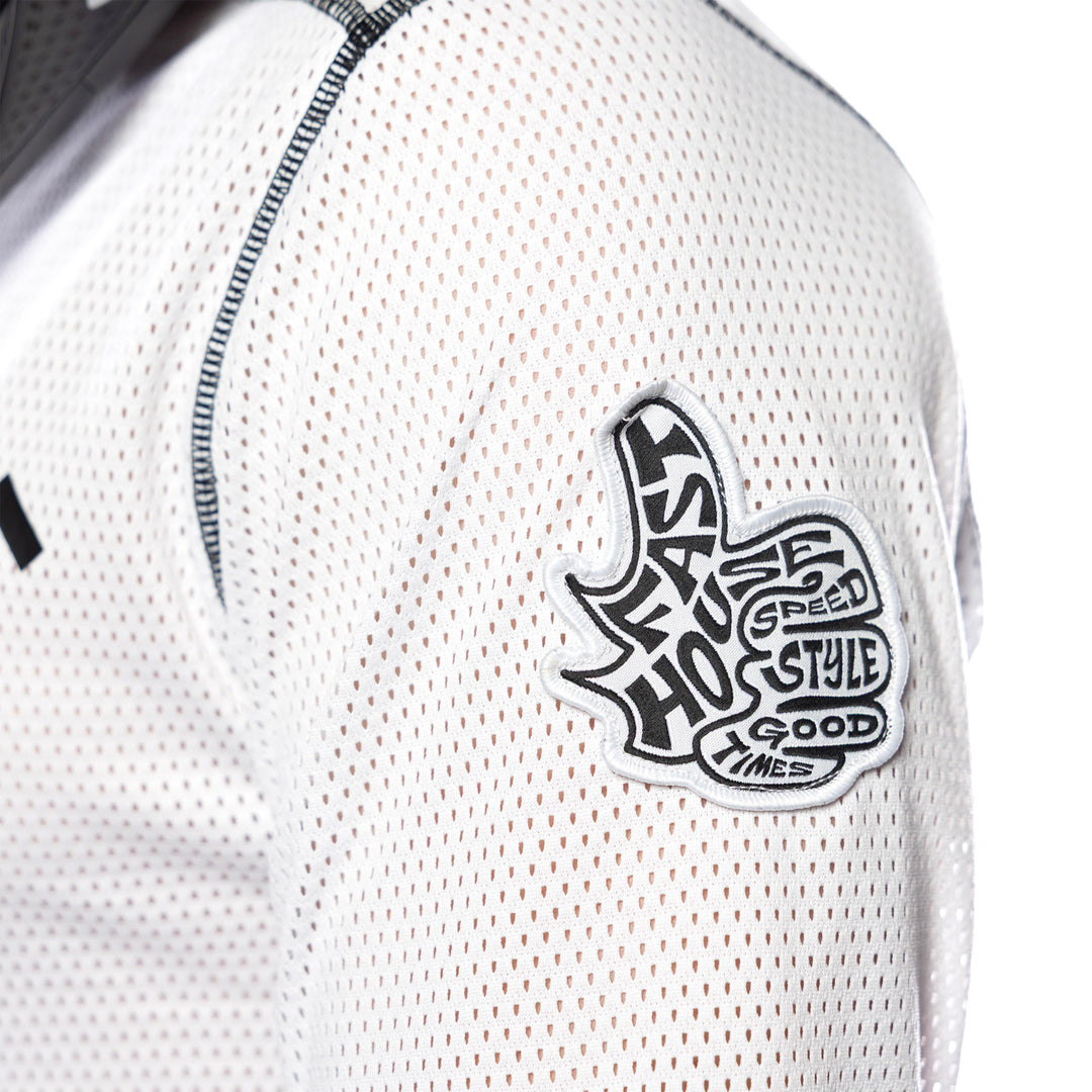 Fasthouse Grindhouse Air-Cooled Club Jersey White/Cloud - Close-Up of Left Sleeve Patch