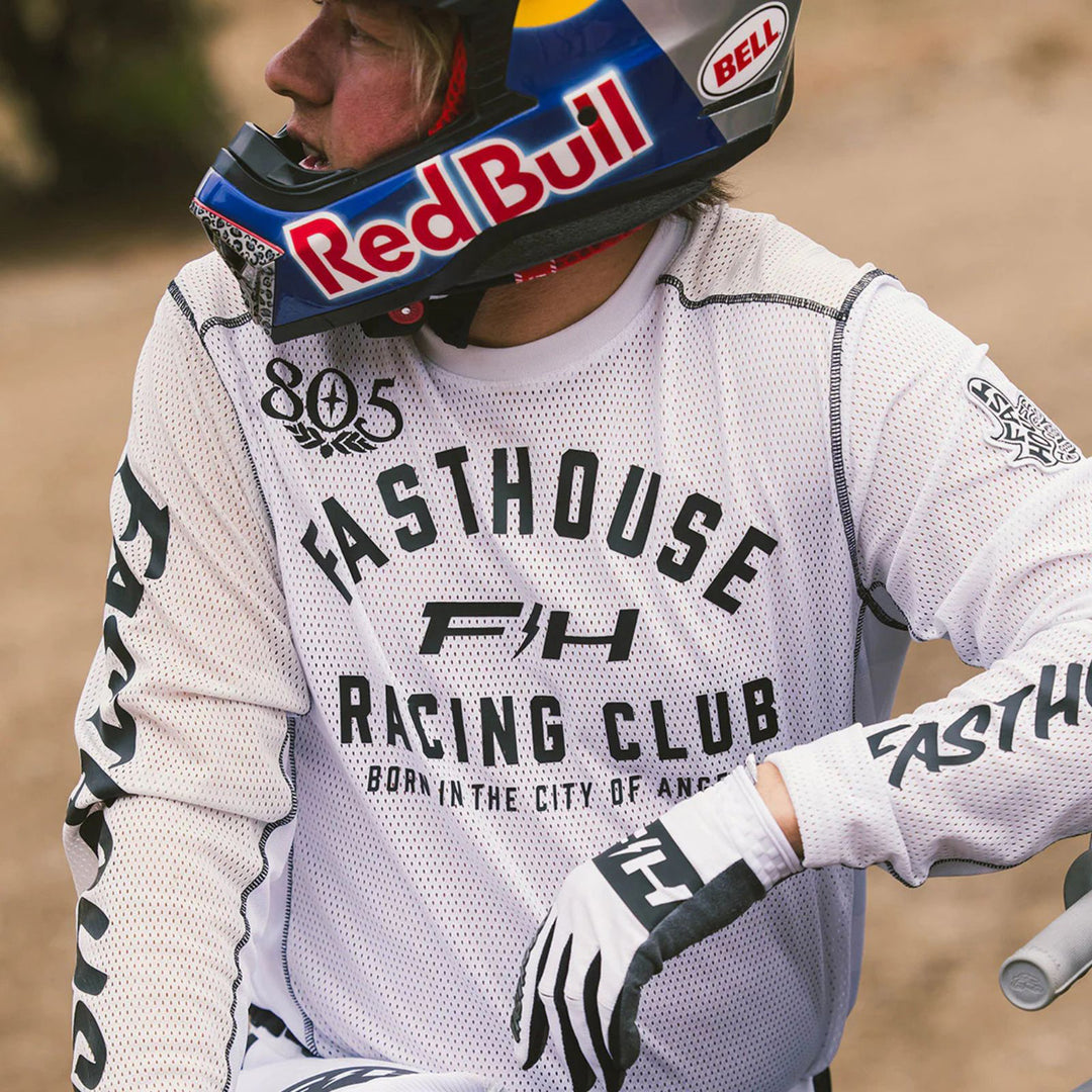 Fasthouse Grindhouse Air-Cooled Club Jersey White/Cloud - Lifestyle of Rider Wearing Jersey
