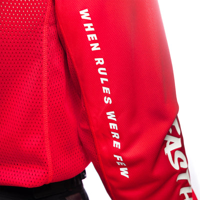 Fasthouse Grindhouse Air-Cooled Ramble Jersey Red - Close-Up of Rear Sleeve Graphics