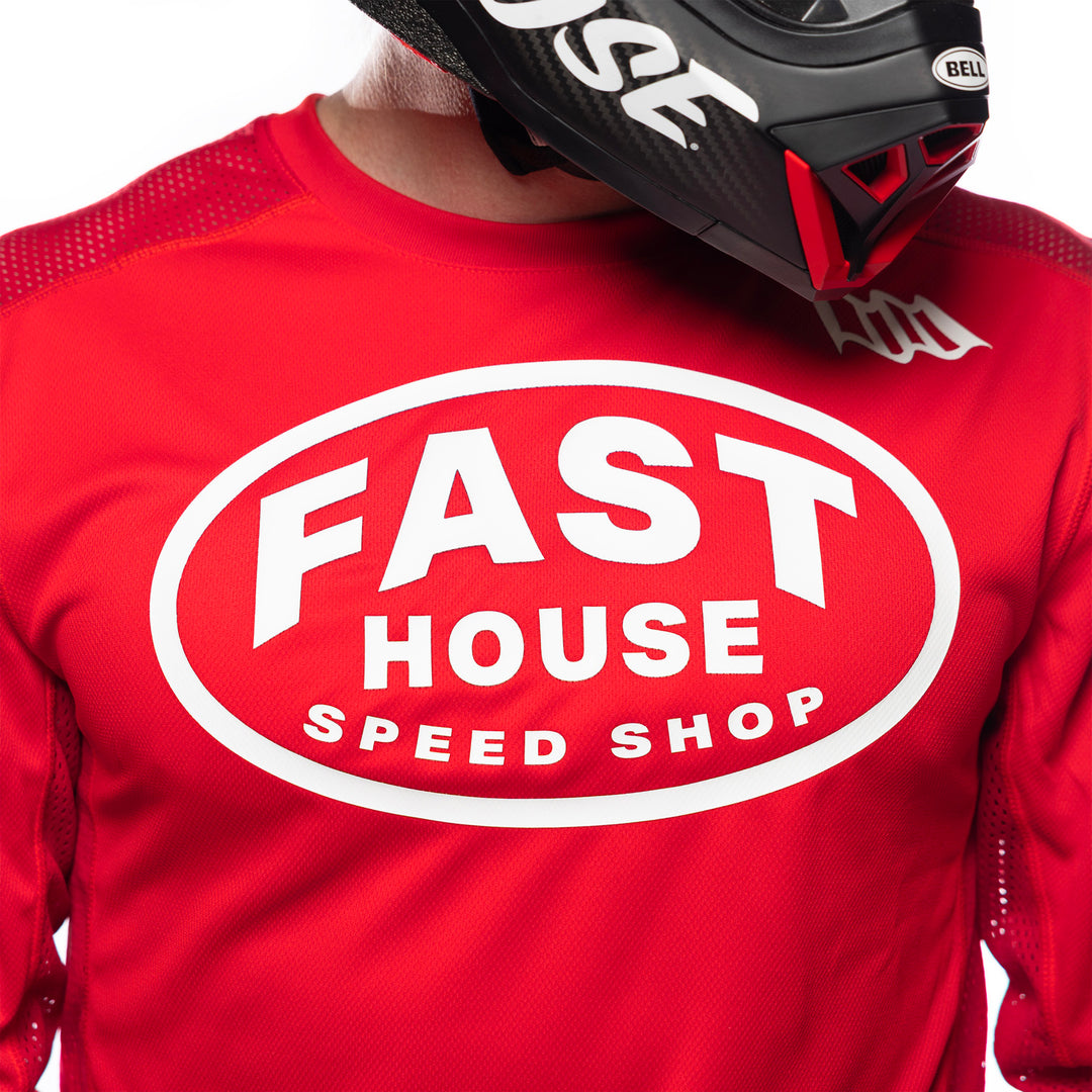Fasthouse Grindhouse Air-Cooled Ramble Jersey Red - Close-Up of Front Graphics