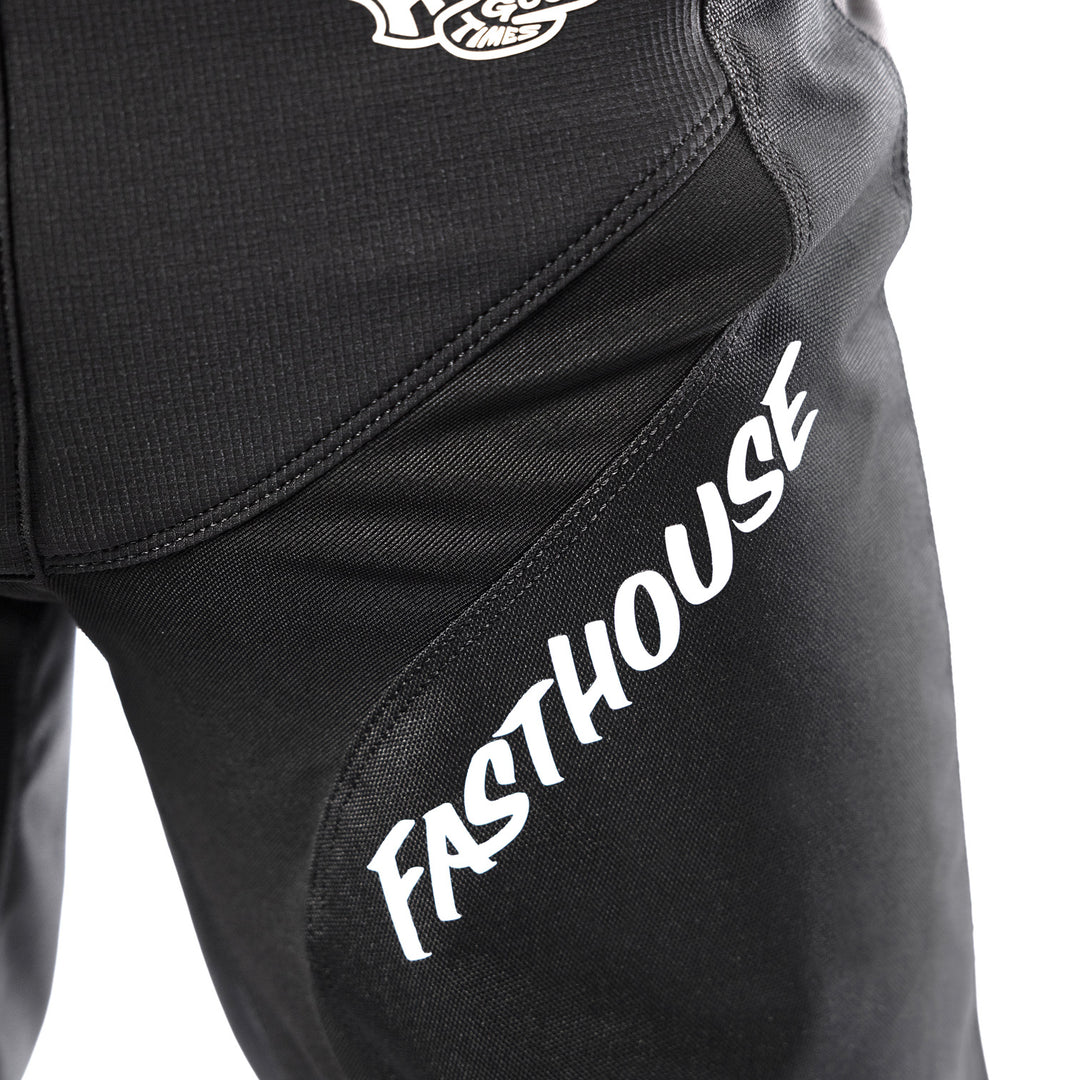 Fasthouse Grindhouse Club Pants Black/Gray - Close-Up of Front Left Thigh Graphics