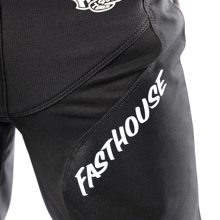 Fasthouse Grindhouse Club Pants Black/Gray - Close-Up of Front Left Thigh Graphics