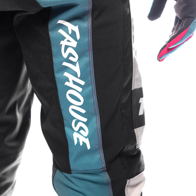 Fasthouse Grindhouse Club Pants Light Gray/Black/Teal - Close-Up of Rear Thigh Graphic