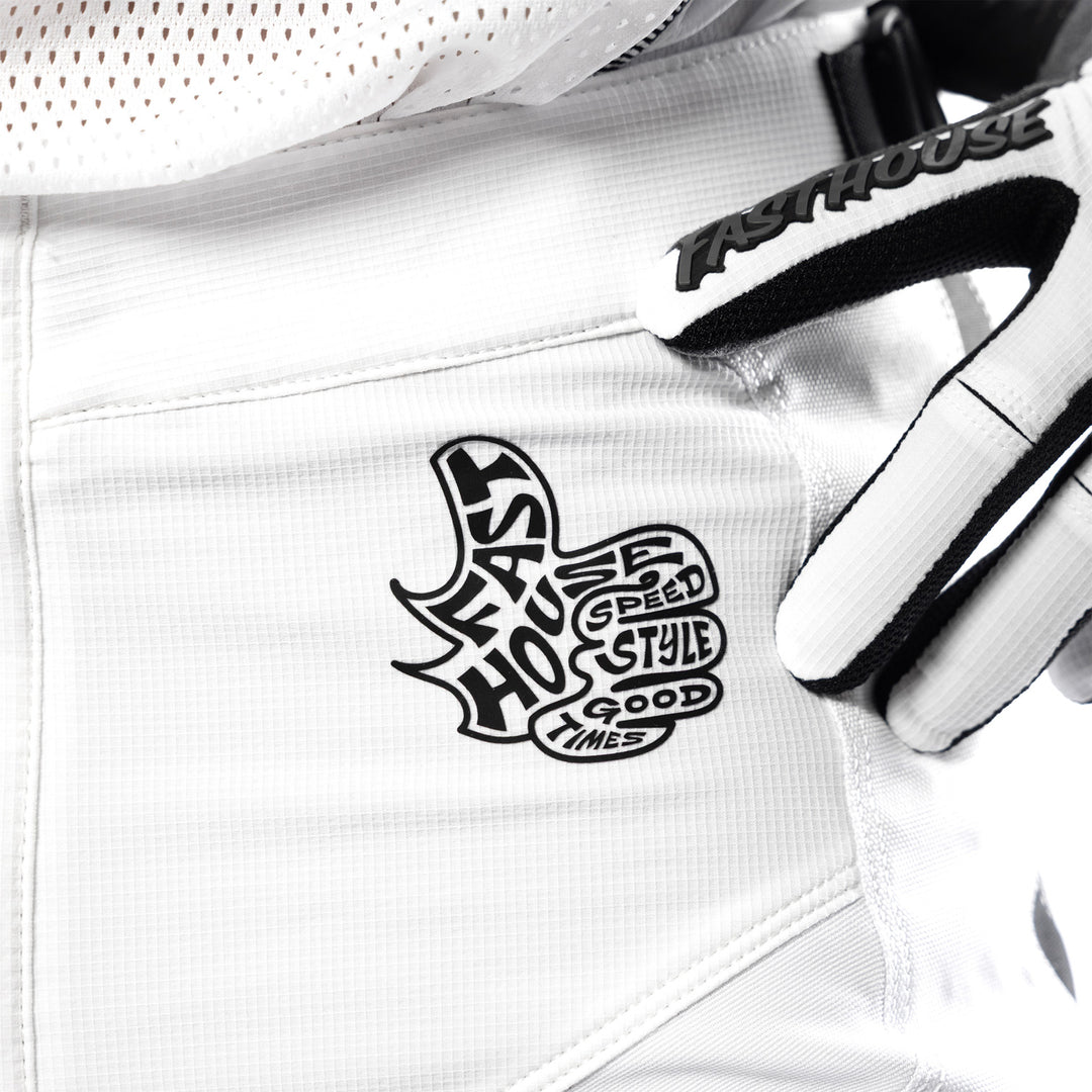 Fasthouse Grindhouse Club Pants White/Cloud - Close-Up of Front Left Waist Graphic