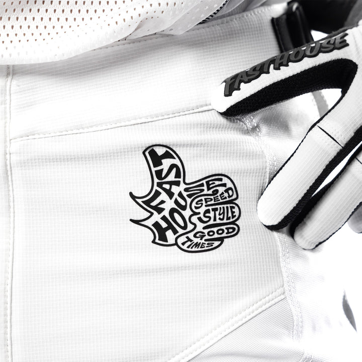 Fasthouse Grindhouse Club Pants White/Cloud - Close-Up of Front Left Waist Graphic