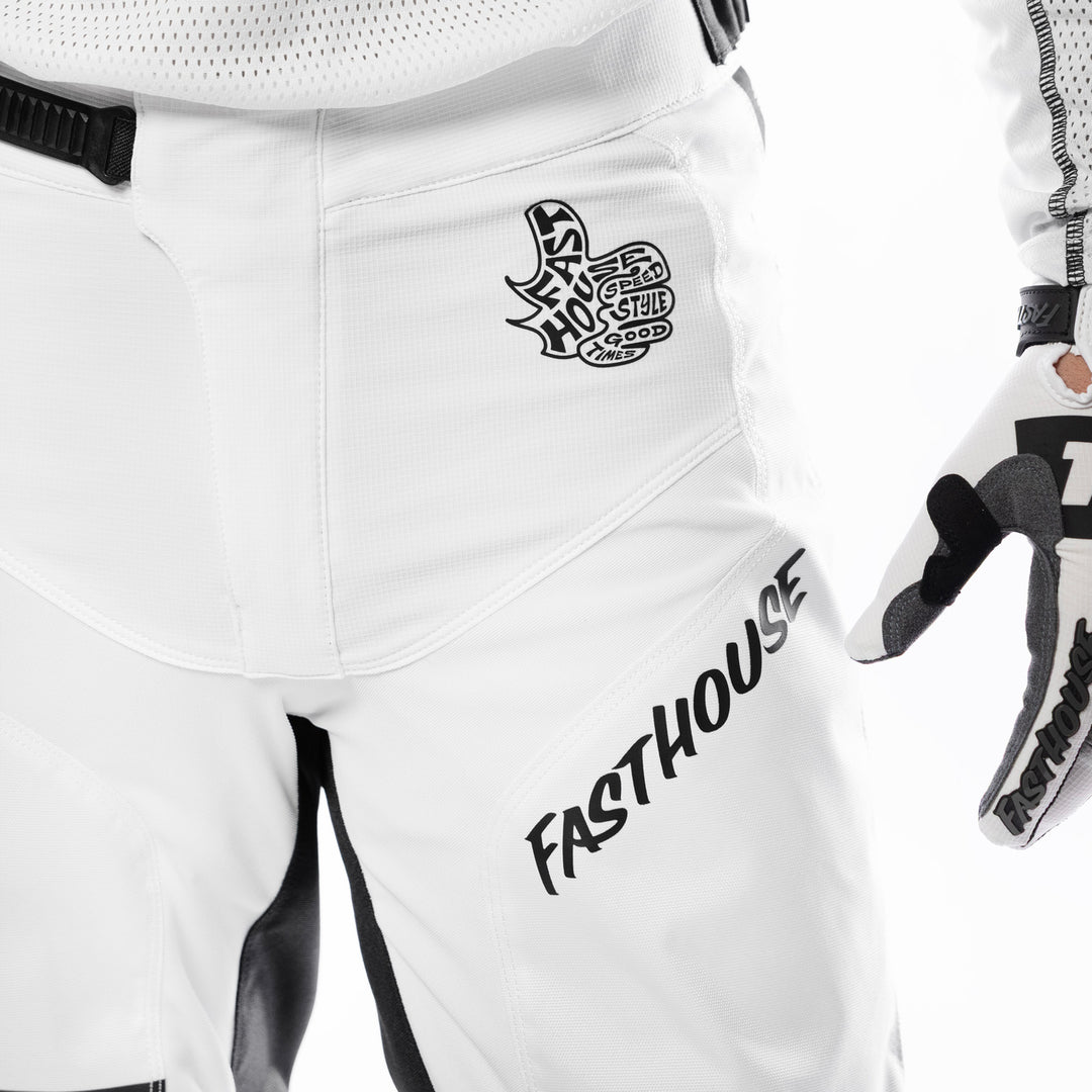 Fasthouse Grindhouse Club Pants White/Cloud - Close-Up of Front Left Side Graphics