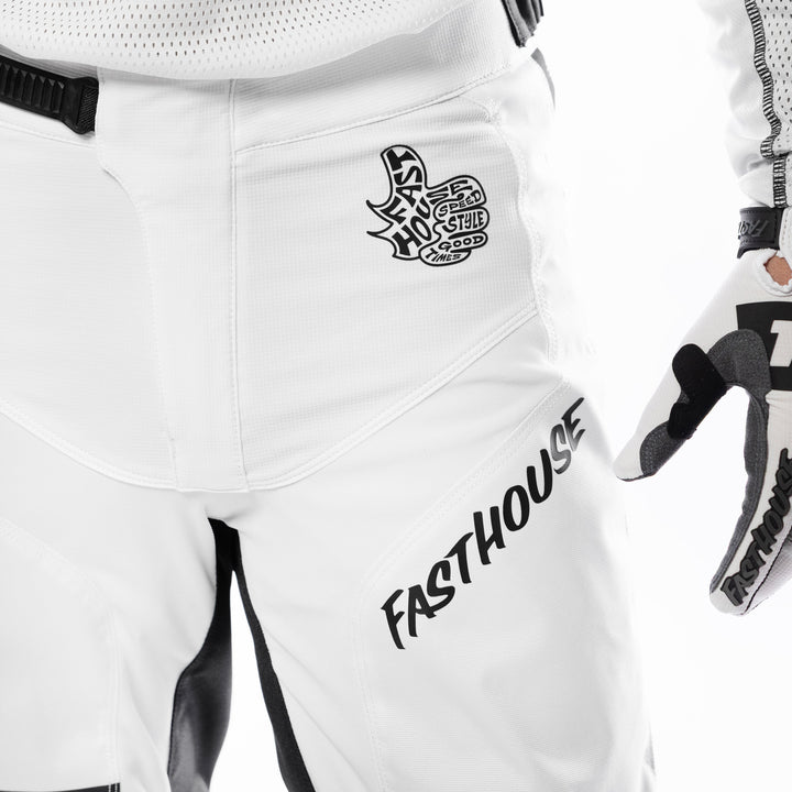 Fasthouse Grindhouse Club Pants White/Cloud - Close-Up of Front Left Side Graphics