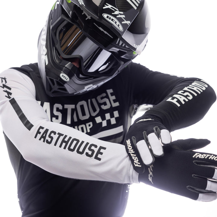 Fasthouse Grindhouse Hudson Jersey Black/White - Close-Up of Model Showing Sleeve Graphics