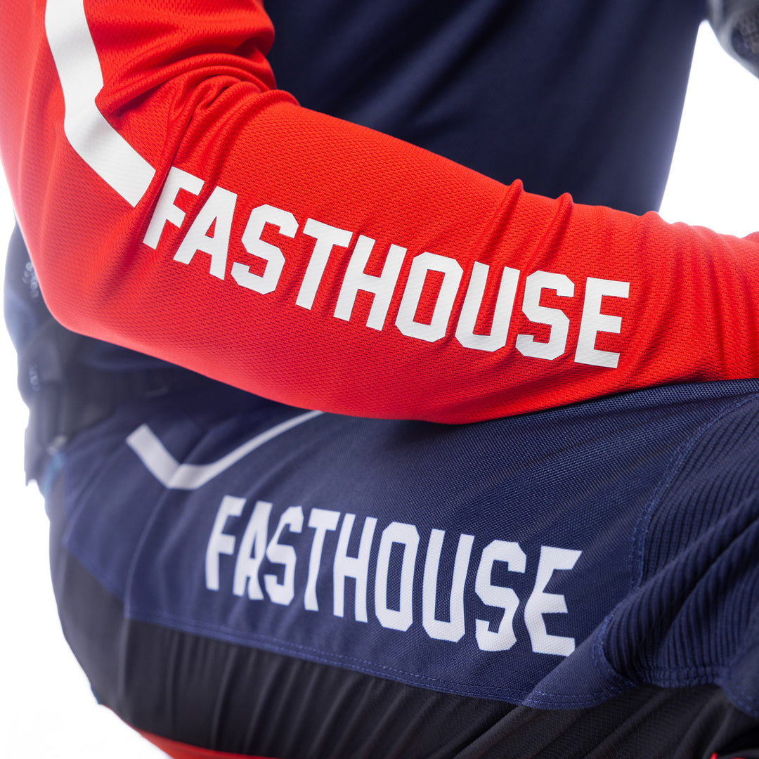 Fasthouse Grindhouse Hudson Jersey Blue/Red - Close-Up of Lower Sleeve Graphic