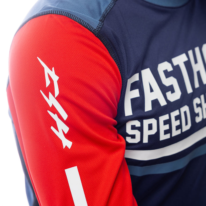 Fasthouse Grindhouse Hudson Jersey Blue/Red - Close-Up of Upper Sleeve Graphic