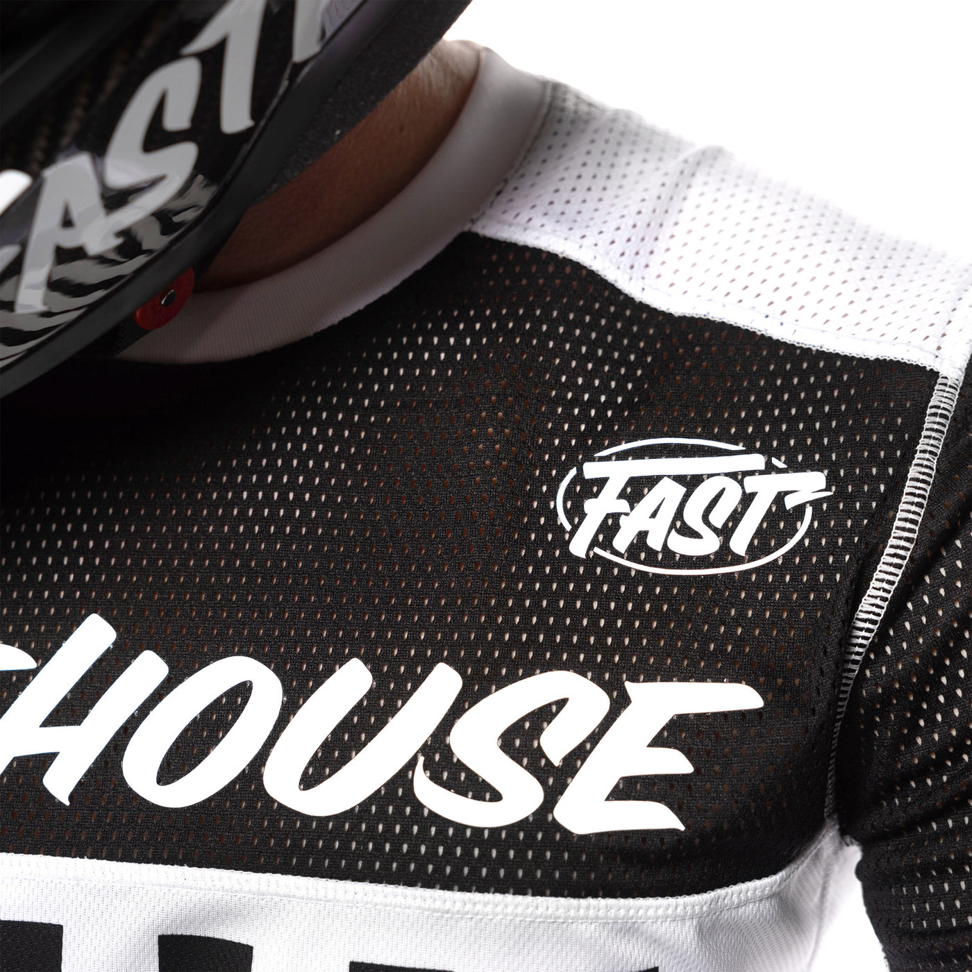 Fasthouse Grindhouse Waypoint Jersey Black/White - Close-up of Shoulder Chest Graphic