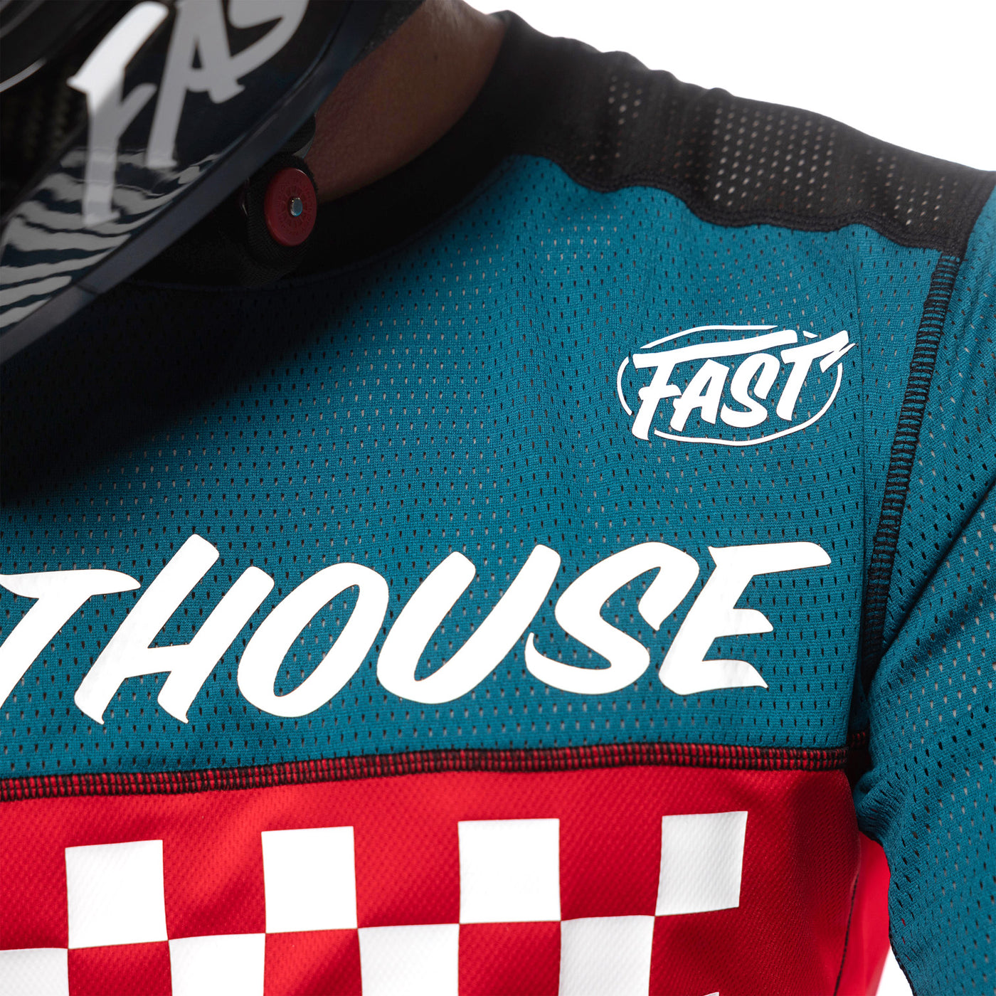 Fasthouse Grindhouse Waypoint Jersey Marine/White - Close-Up of Shoulder Chest Graphic