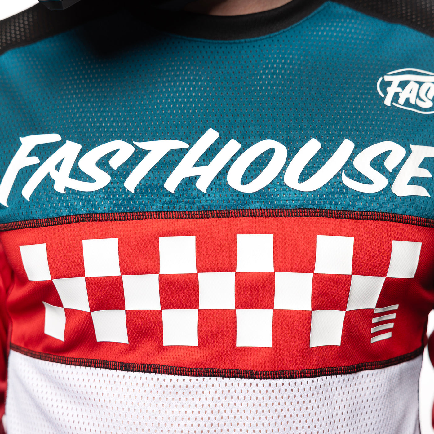 Fasthouse Grindhouse Waypoint Jersey Marine/White - Close-Up of Chest Graphics