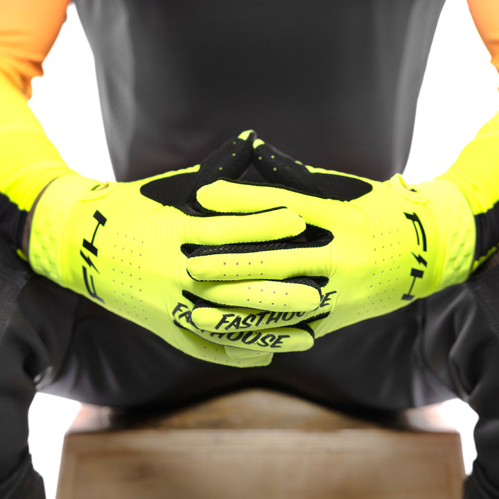 Fasthouse Helix Circuit Gloves High-Viz - Close-Up of Model Wearing Gloves, Fingers Entwined