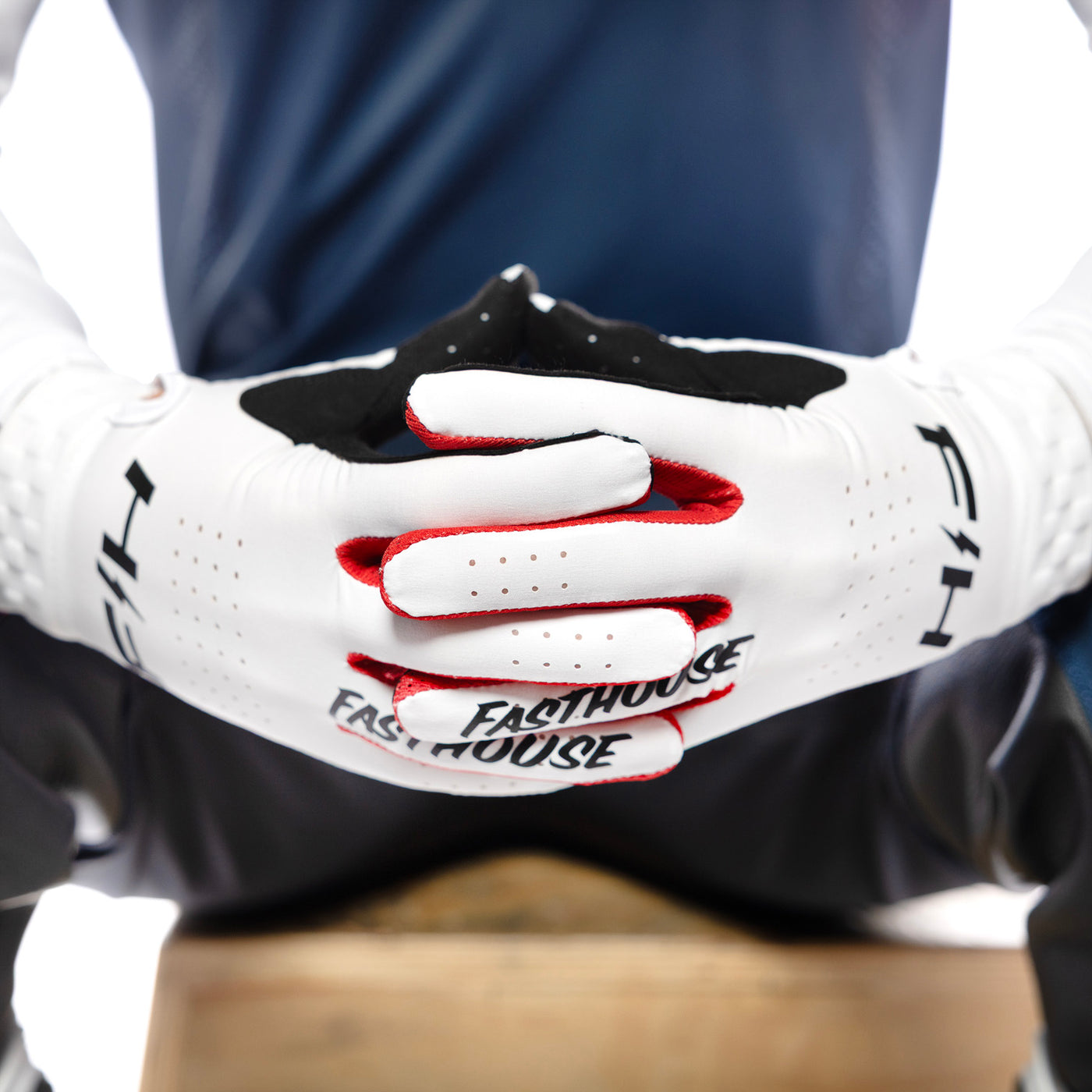 Fasthouse Helix Circuit Gloves White - Close-Up of Model Wearing Gloves, Fingers Entwined
