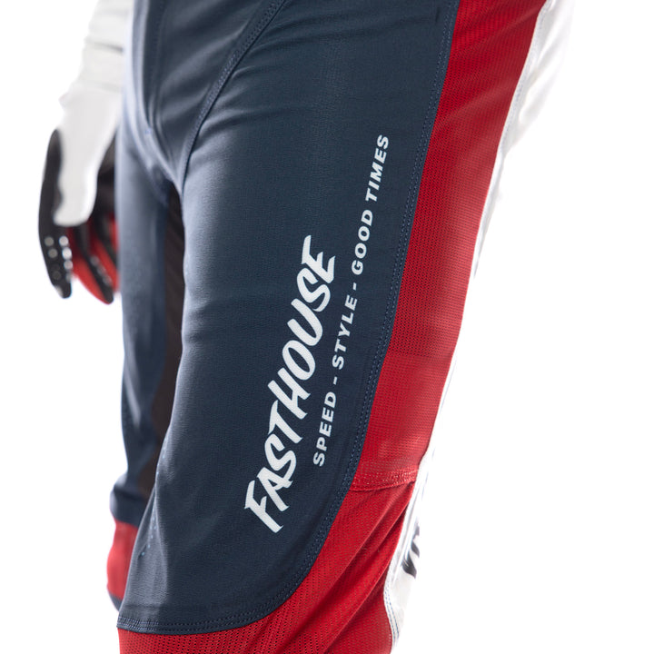 Fasthouse Helix Circuit Pants Navy/White/Red - Close-Up of Front Left Thigh Graphics