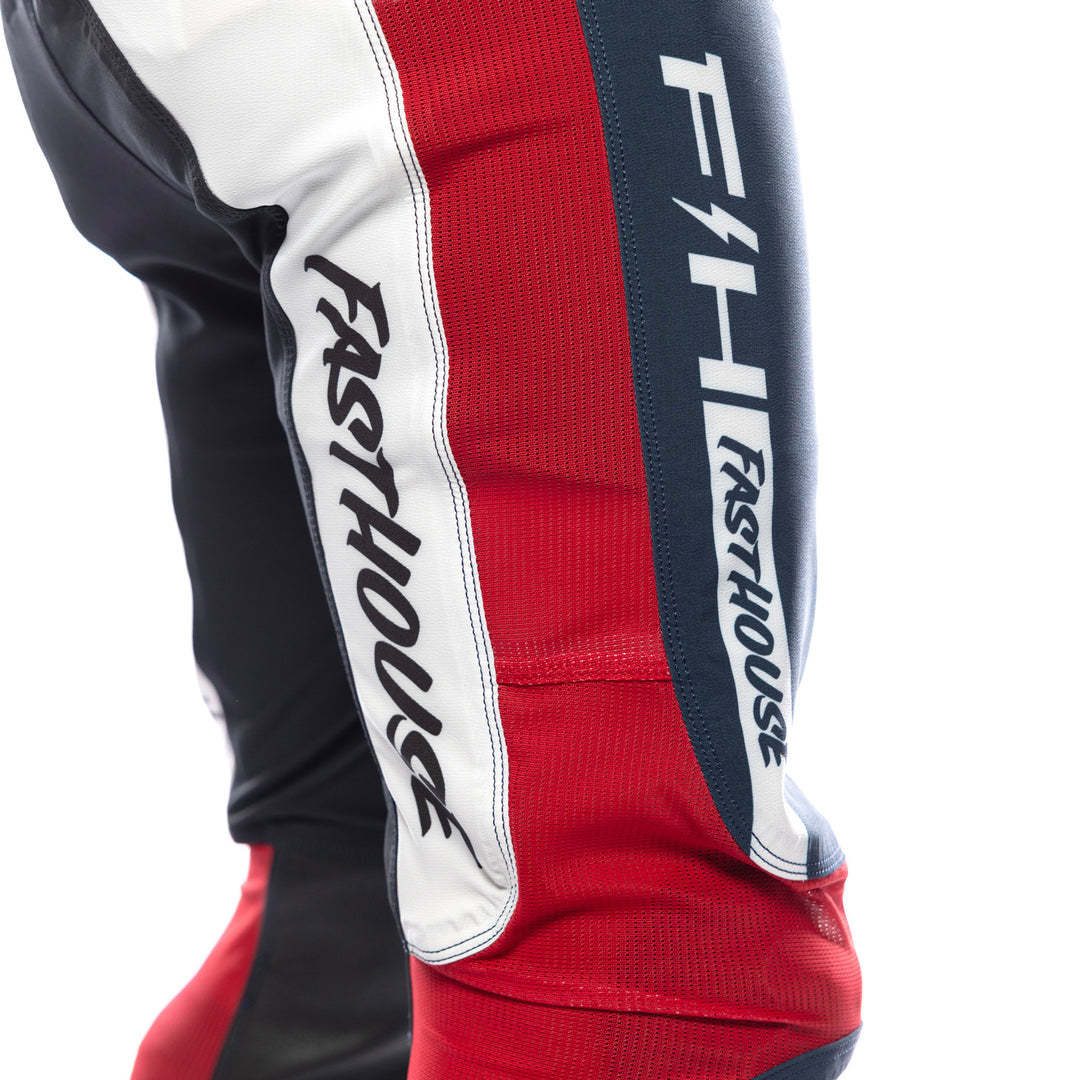 Fasthouse Helix Circuit Pants Navy/White/Red - Close-Up of Right Thigh Graphics