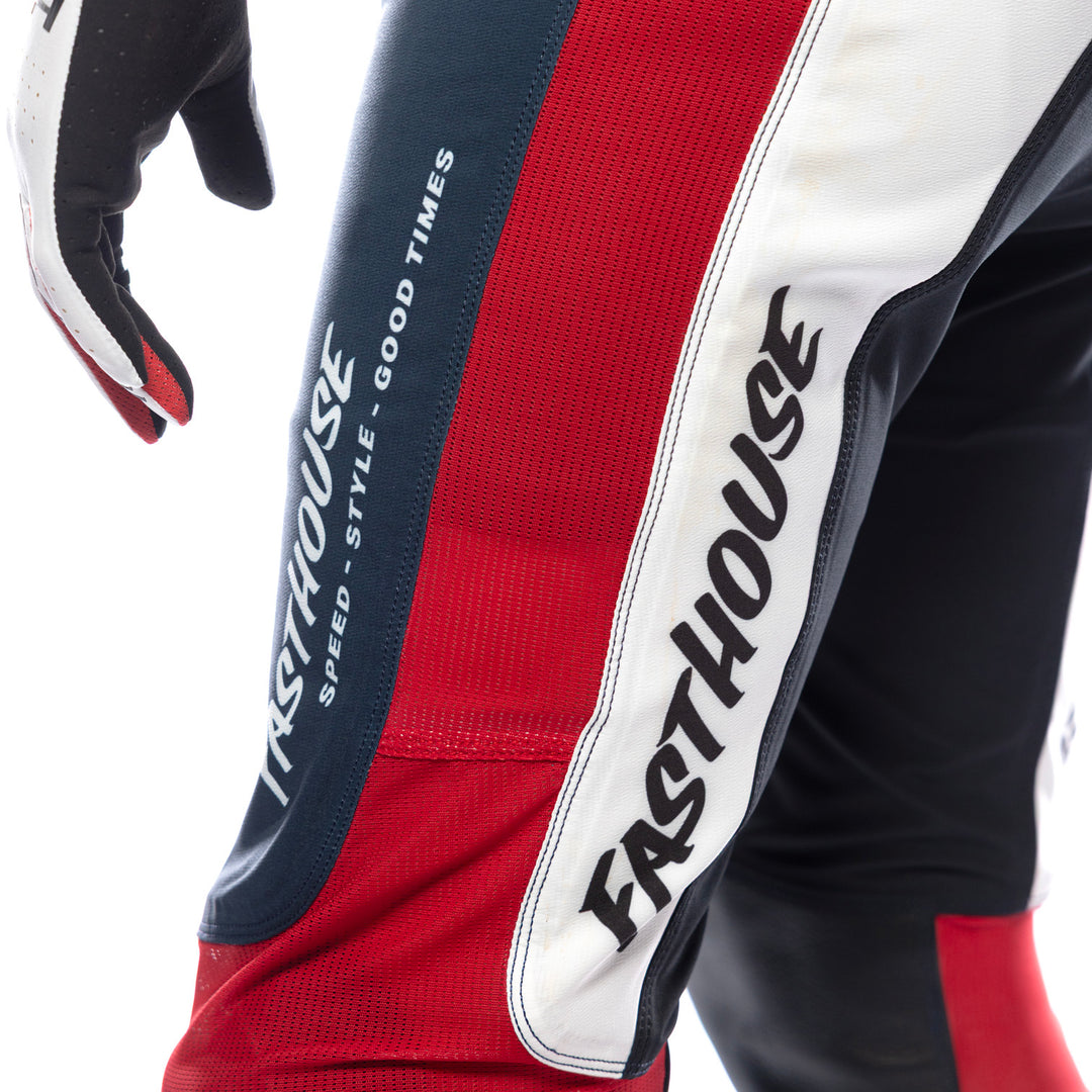 Fasthouse Helix Circuit Pants Navy/White/Red - Close-Up of Left Thigh Graphics