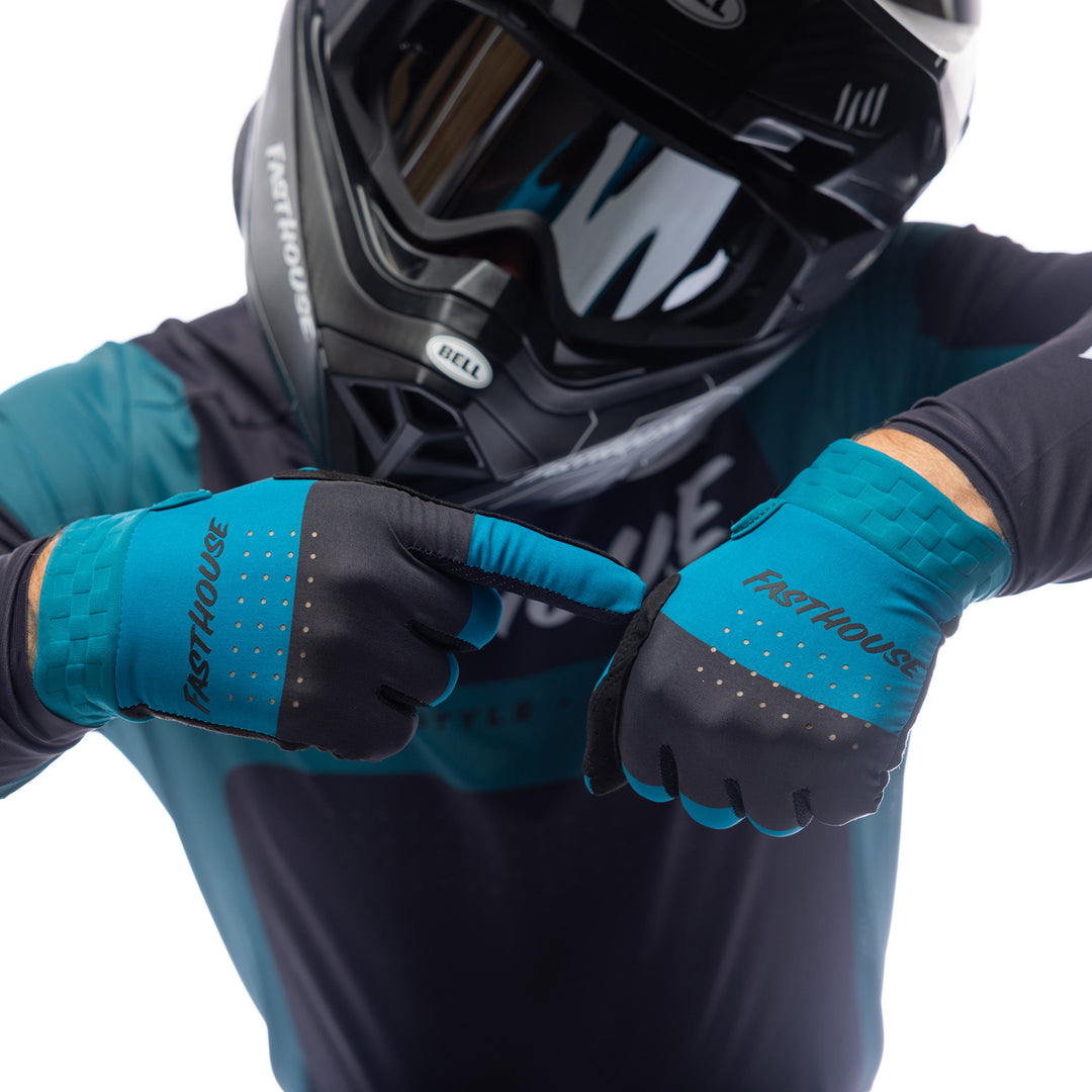 Fasthouse Helix Monaco Gloves Marine/Black - Close-Up of Model with Gloved Hands, Pointing with One at Back of Other