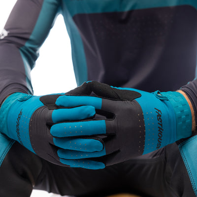 Fasthouse Helix Monaco Gloves Marine/Black - Close-Up of Model's Gloved Hands Together, Fingers Entwined