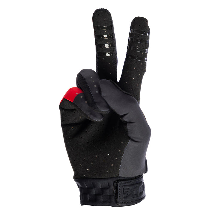 Fasthouse Helix Monaco Gloves Red/Black - Palm View of Glove Set Up as Peace Sign