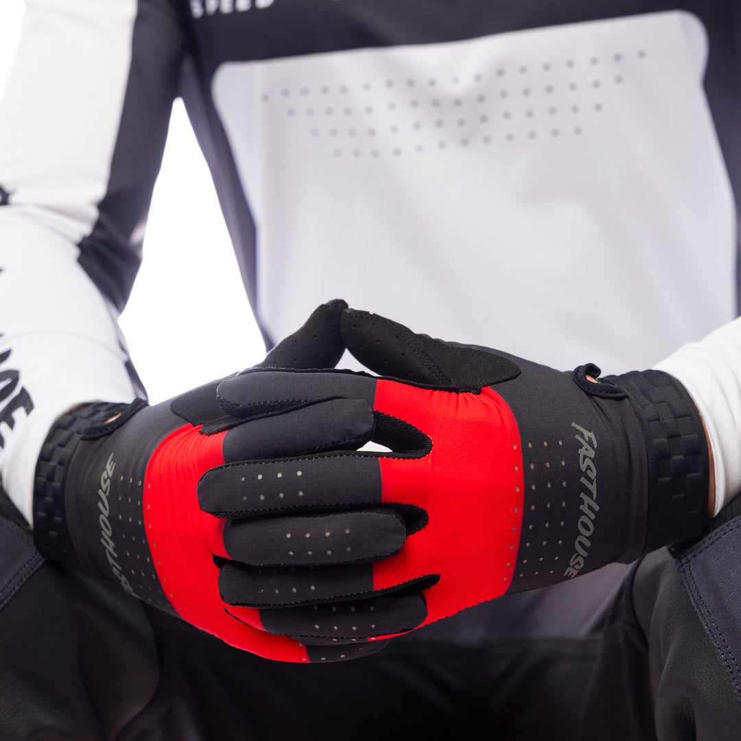 Fasthouse Helix Monaco Gloves Red/Black - Close-Up of Model's Gloved Hands Together, Fingers Entwined